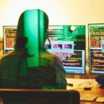 Developer headset, computer screen or neon coding on cybersecurity ransomware, night phishing or code programming. Progr